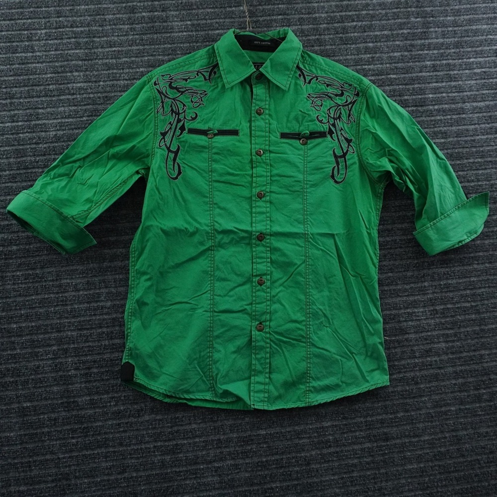 Lamasini Button Down Shirt Mens S Green Embroidered Tribal Western Long Sleeve